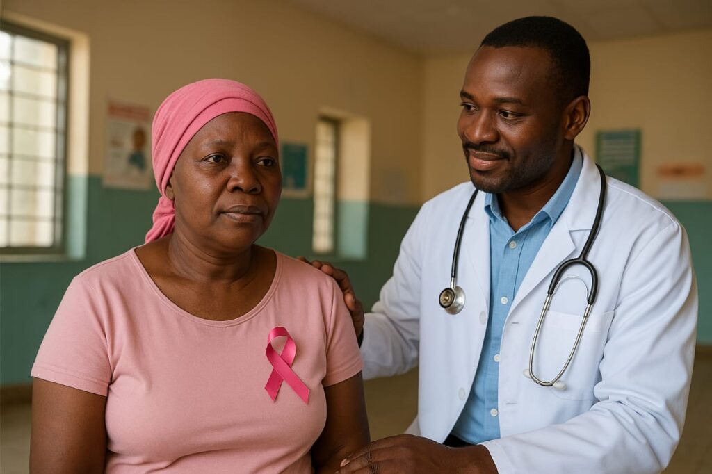 Image générée par ChatGPT pour illustrer un article Web. Une femme atteinte du cancer du sein à coté d'un agent de santé