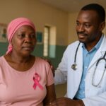 Image générée par ChatGPT pour illustrer un article Web. Une femme atteinte du cancer du sein à coté d'un agent de santé