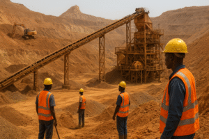 Image générée par IA illustrant une usine d'exploitation d'or au Mali