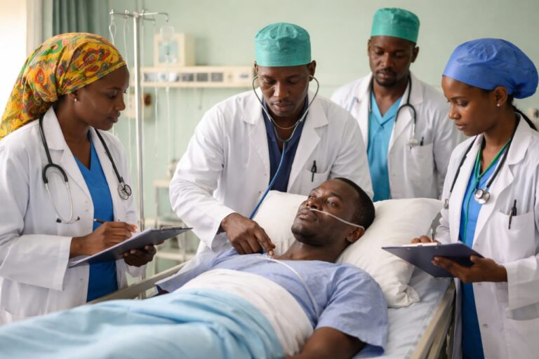 Image générée par IA illustrant un patient sur son lit d’hospitalisation, entouré de médecins.